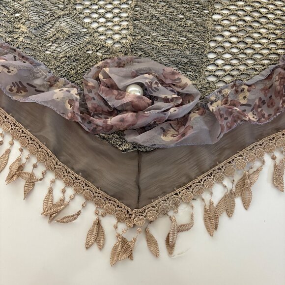 Vintage-Inspired Lace Floral Triangle Shawl Scarf Fringe Pearl Detail Victorian - Picture 5 of 8